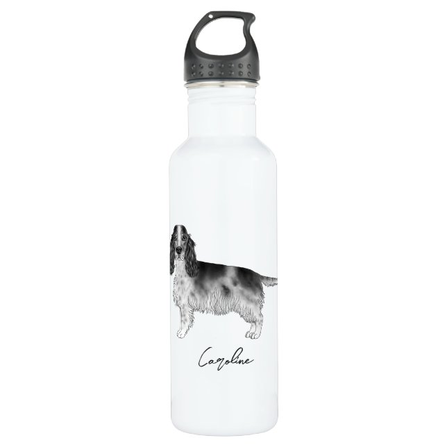 Cocker Spaniel In Black And White & Custom Text Stainless Steel Water Bottle (Front)