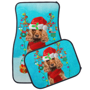 Cocker Spaniel in snow with Christmas gifts Car Floor Mat