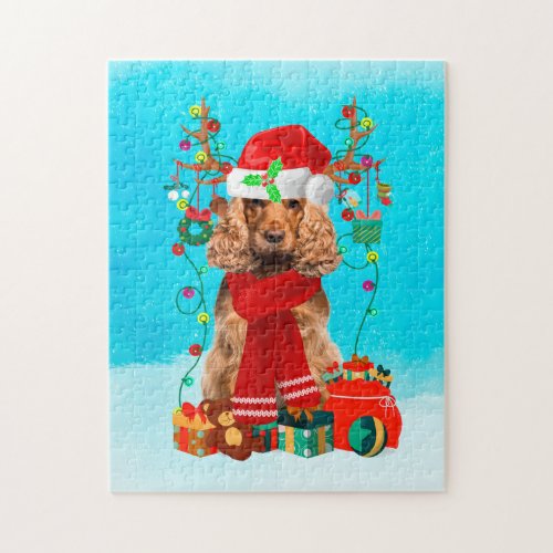 Cocker Spaniel in snow with Christmas gifts  Jigsaw Puzzle