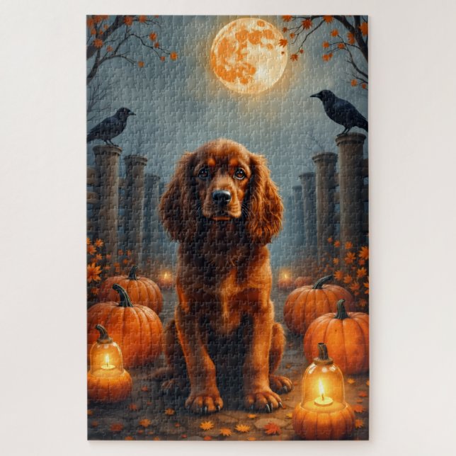Cocker Spaniel Moonlit Pumpkin Patch Halloween Art Jigsaw Puzzle (Vertical)
