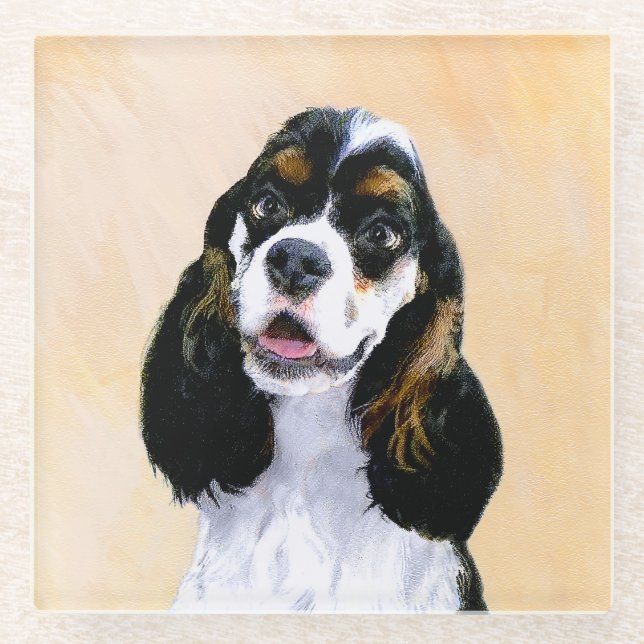 Cocker Spaniel (Parti) Painting - Original Dog Art Glass Coaster (Front)