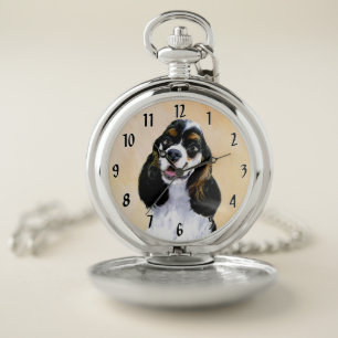 Cocker Spaniel (Parti) Painting - Original Dog Art Pocket Watch