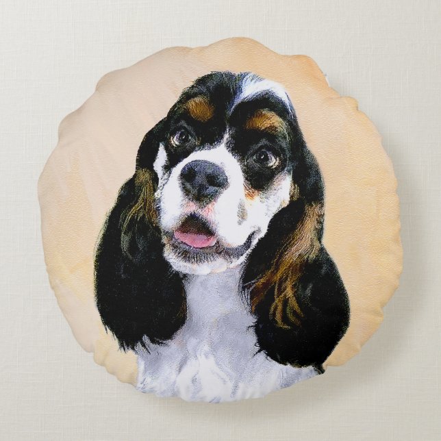 Cocker Spaniel (Parti) Painting - Original Dog Art Round Pillow (Back)