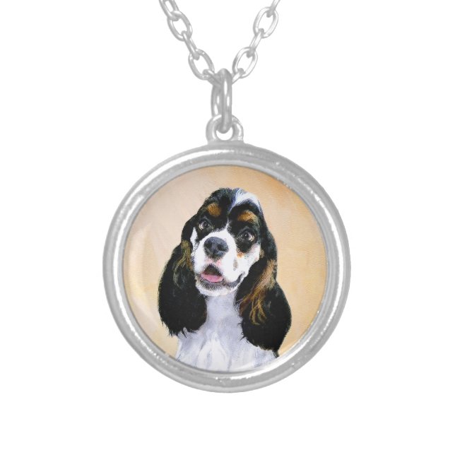 Cocker Spaniel (Parti) Painting - Original Dog Art Silver Plated Necklace (Front)