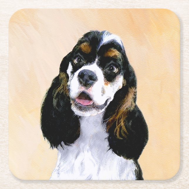 Cocker Spaniel (Parti) Painting - Original Dog Art Square Paper Coaster (Front)