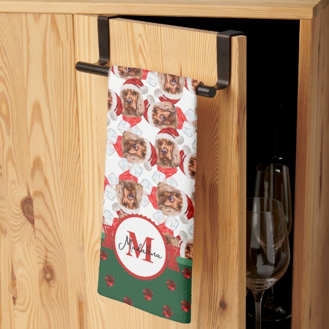Cocker Spaniel Pattern Monogram Christmas Dog Kitchen Towel (Thirds Fold)