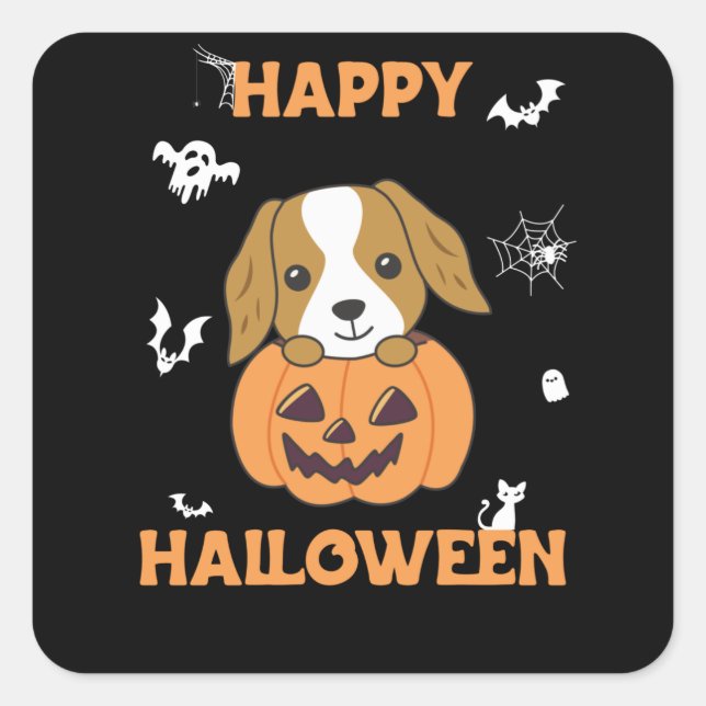 Cocker Spaniel Pumpkin Cute Dogs Happy Halloween Square Sticker (Front)