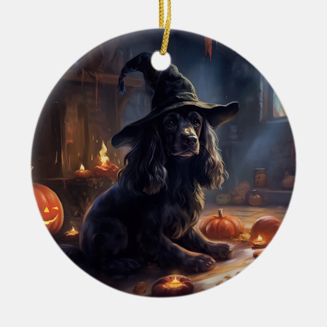 Cocker Spaniel Pumpkins Halloween Scary Ceramic Ornament (Front)