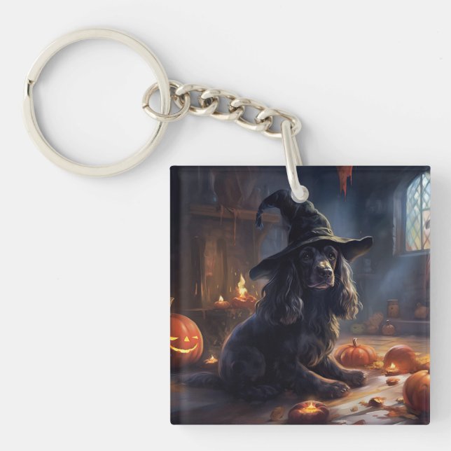 Cocker Spaniel Pumpkins Halloween Scary Keychain (Front)