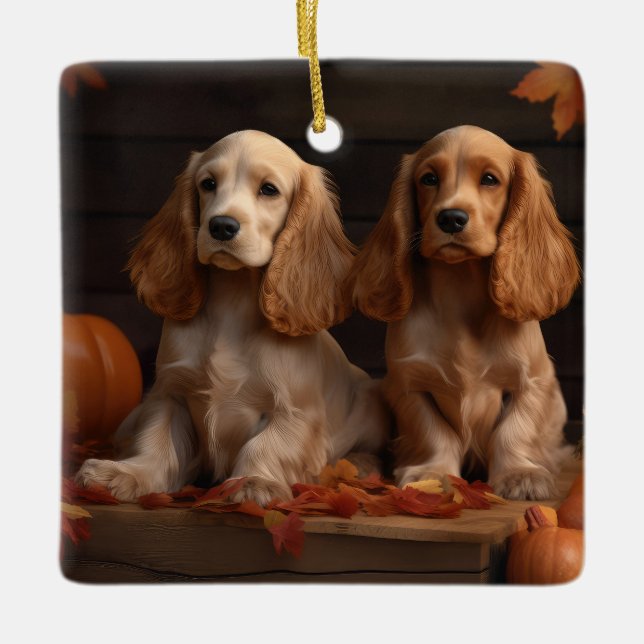 Cocker Spaniel Puppy Autumn Delight Pumpkin  Ceramic Ornament (Front)