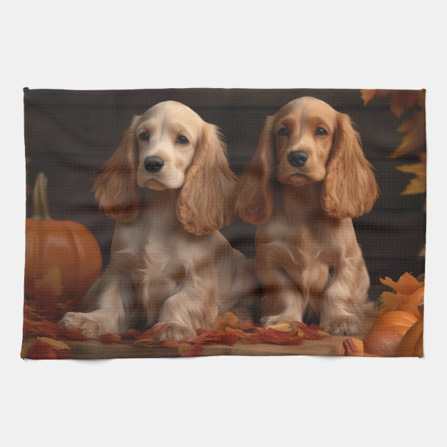 Cocker Spaniel Puppy Autumn Delight Pumpkin  Kitchen Towel (Horizontal)