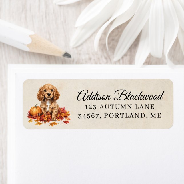 Cocker Spaniel Puppy Fall Leaves & Pumpkin Return Label (Insitu)