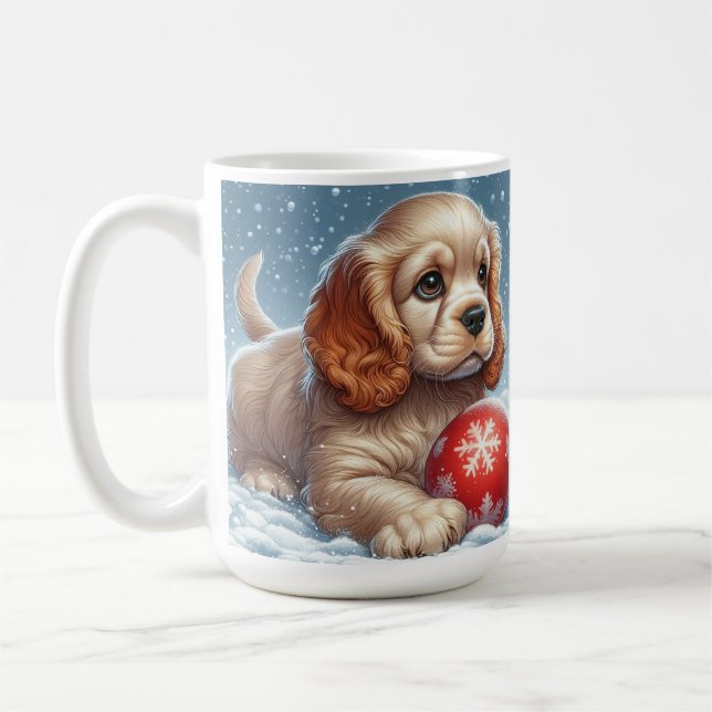 Cocker Spaniel Puppy Resting on Snow With a Ball  Coffee Mug (Left)