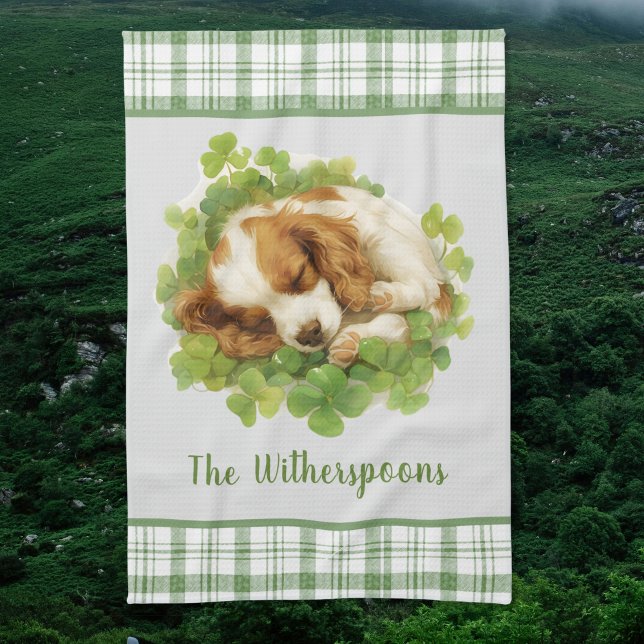 Cocker Spaniel Puppy Sleeping in Shamrocks Plaid  Kitchen Towel (Creator Uploaded)