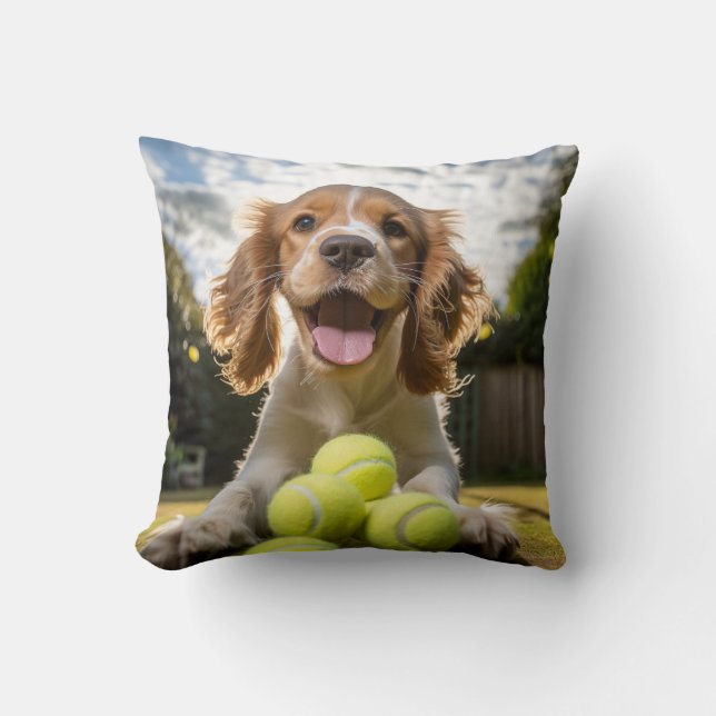 Cocker🐕 Spaniel Puppy with Tennis balls Throw Pillow (Front)
