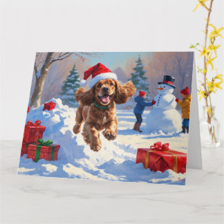 Cocker Spaniel Running in Snow with Christmas Hat Card