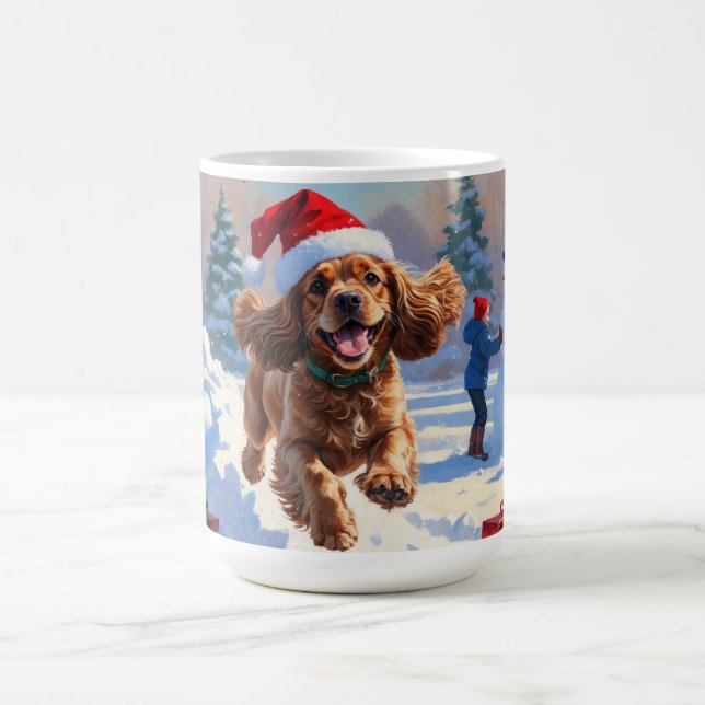 Cocker Spaniel Running in Snow with Christmas Hat Coffee Mug (Center)