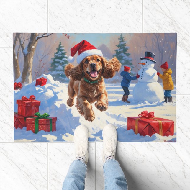 Cocker Spaniel Running in Snow with Christmas Hat Doormat (Indoor)