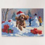 Cocker Spaniel Running in Snow with Christmas Hat Jigsaw Puzzle