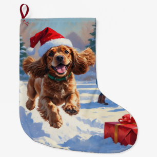 Cocker Spaniel Running in Snow with Christmas Hat Large Christmas Stocking