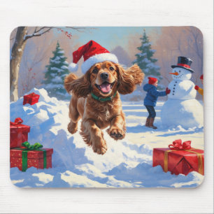 Cocker Spaniel Running in Snow with Christmas Hat Mouse Pad