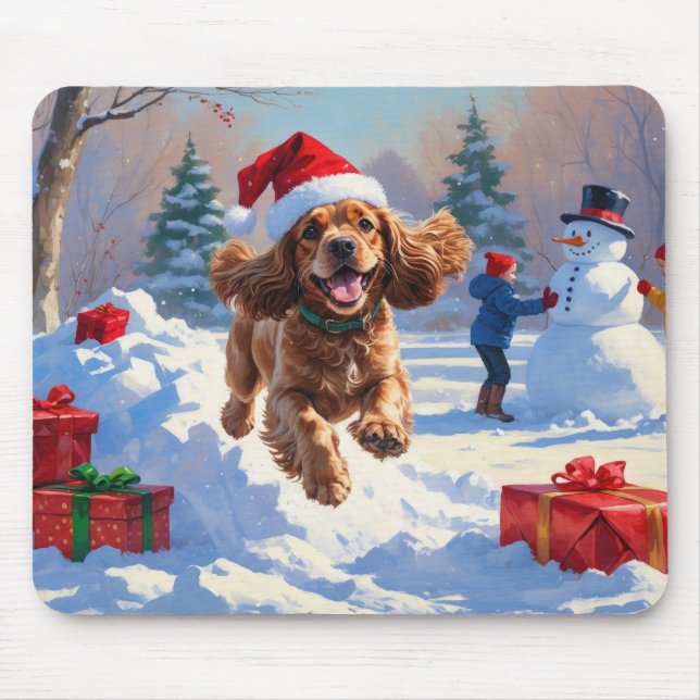 Cocker Spaniel Running in Snow with Christmas Hat Mouse Pad (Front)