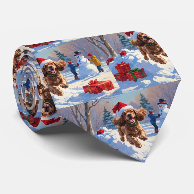 Cocker Spaniel Running in Snow with Christmas Hat Neck Tie (Rolled)