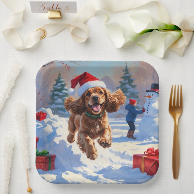 Cocker Spaniel Running in Snow with Christmas Hat Paper Plates (Wedding)