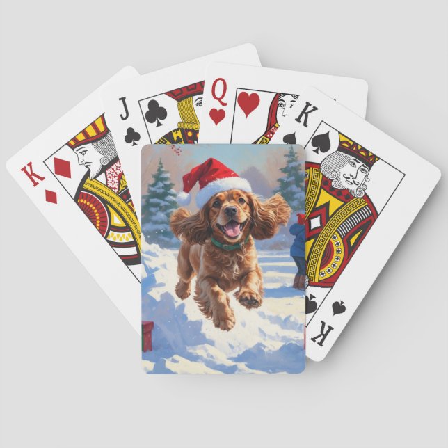 Cocker Spaniel Running in Snow with Christmas Hat Poker Cards (Back)