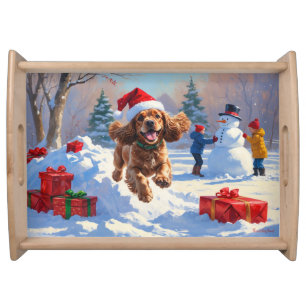 Cocker Spaniel Running in Snow with Christmas Hat Serving Tray