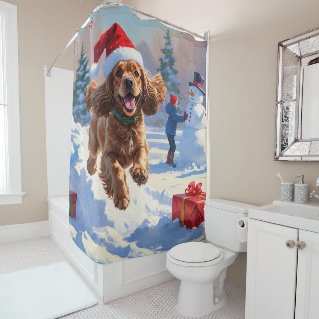 Cocker Spaniel Running in Snow with Christmas Hat Shower Curtain (In Situ)