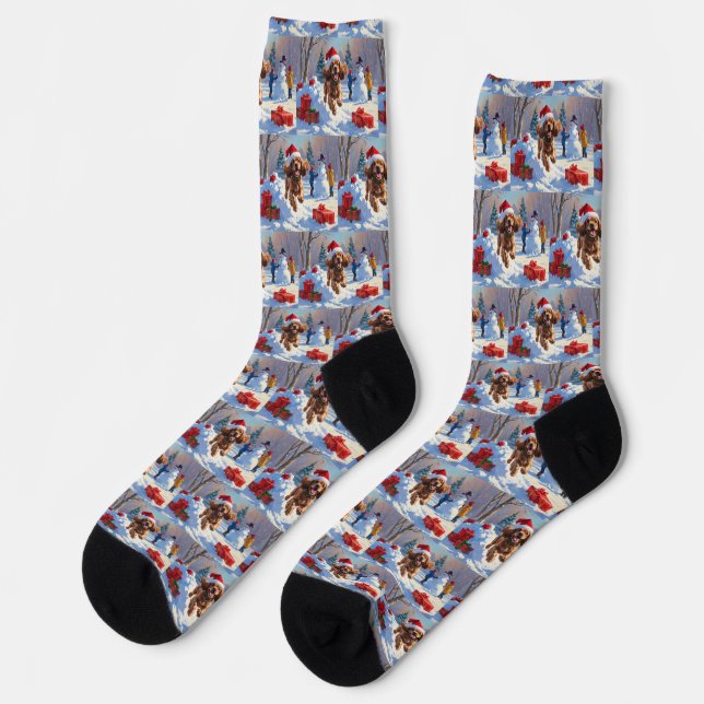 Cocker Spaniel Running in Snow with Christmas Hat Socks (Left)