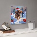 Cocker Spaniel Running in Snow with Christmas Hat Square Wall Clock