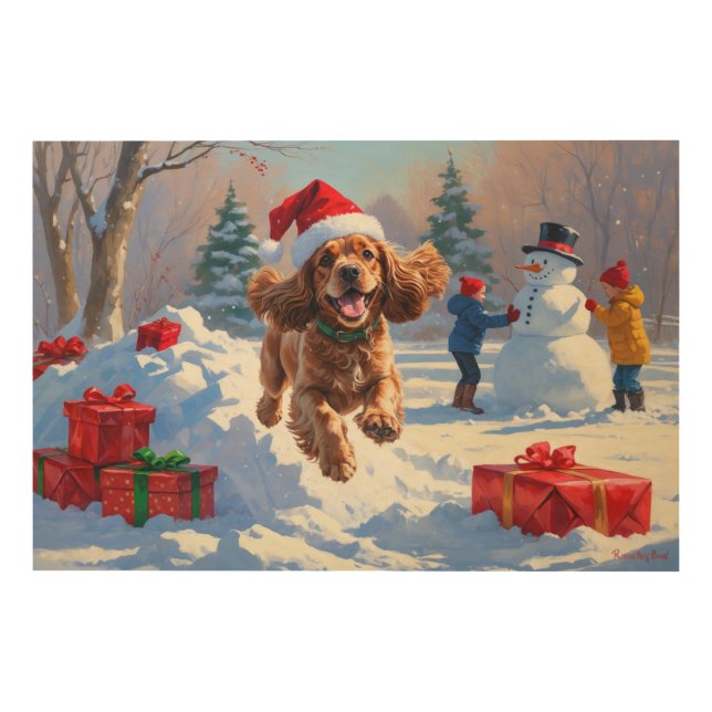 Cocker Spaniel Running in Snow with Christmas Hat Wood Wall Art (Front)