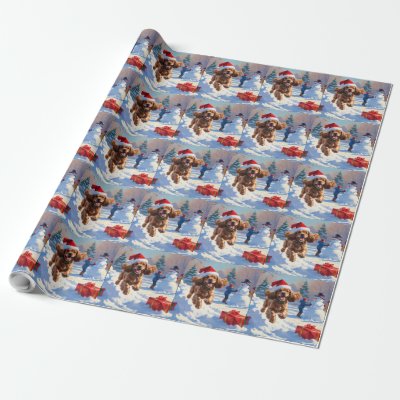 Cocker Spaniel Running in Snow with Christmas Hat Wrapping Paper