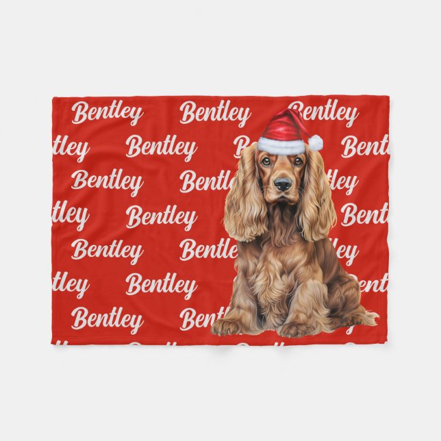 Cocker Spaniel Santa Dog Custom Name Christmas Fleece Blanket (Front (Horizontal))