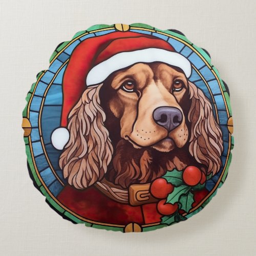 Cocker Spaniel Stained Glass Christmas  Round Pillow