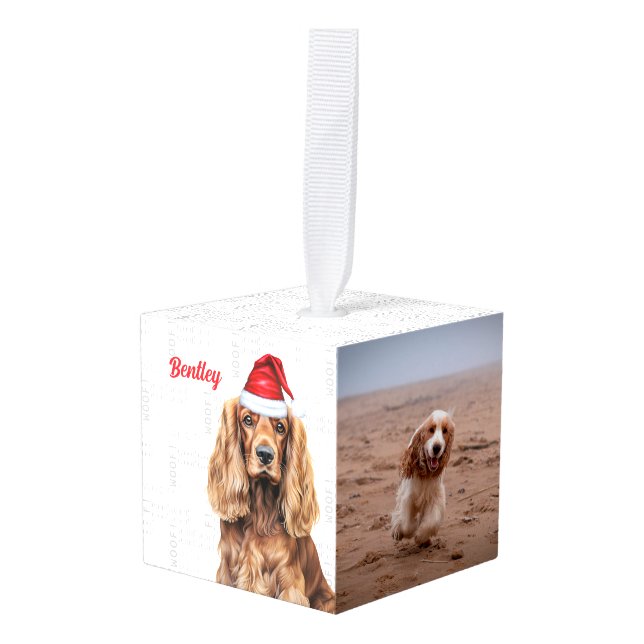 Cocker Spaniel Two Photo Holiday Cube Ornament (Front Angled)