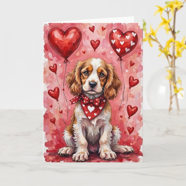 Cocker Spaniel Valentine’s Day Dog with Hearts Red Card (Yellow Flower)