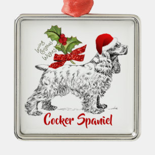 Cocker Spaniel w/Santa Cap Holly Christmas Metal Ornament