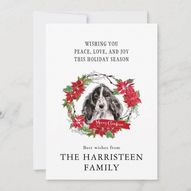 Cocker Spaniel  Watercolor Poinsettia Christmas Holiday Card (Front)