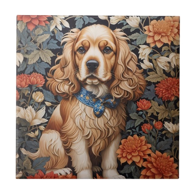 Cocker Spaniel William Morris Inspired Floral Ceramic Tile (Front)
