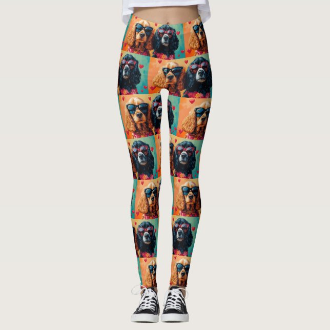 Cocker Spaniel With Heart Roses Valentine's Day  Leggings (Front)