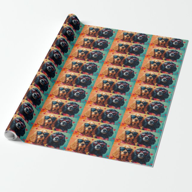 Cocker Spaniel With Heart Roses Valentine's Day  Wrapping Paper (Unrolled)