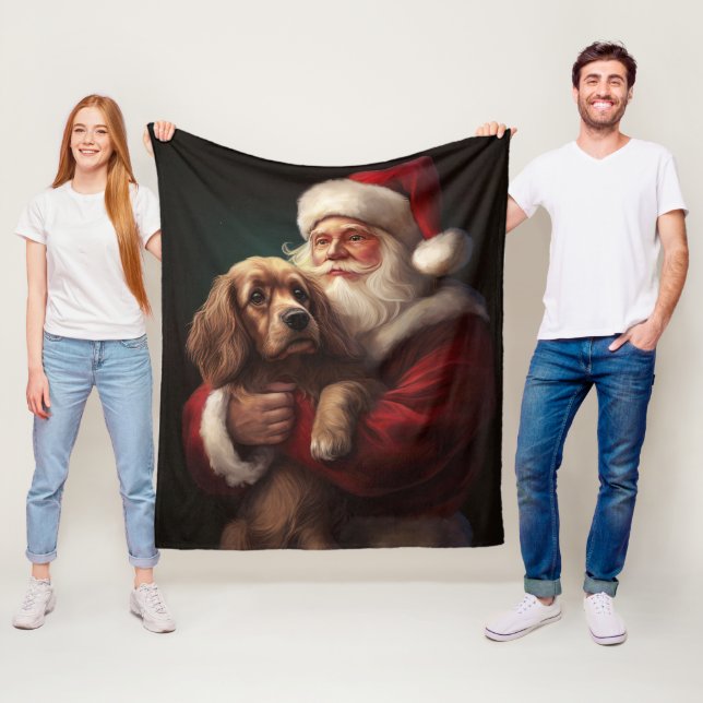 Cocker Spaniel With Santa Claus Festive Christmas Fleece Blanket (In Situ)