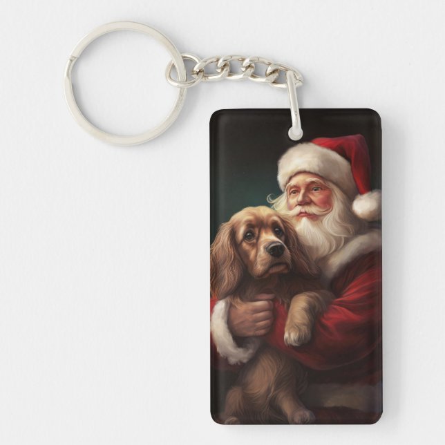 Cocker Spaniel With Santa Claus Festive Christmas Keychain (Front)