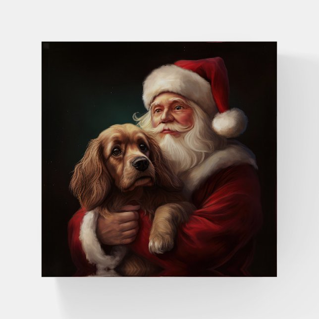 Cocker Spaniel With Santa Claus Festive Christmas Paperweight (Front)