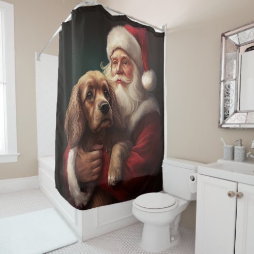 Cocker Spaniel With Santa Claus Festive Christmas Shower Curtain