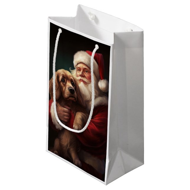 Cocker Spaniel With Santa Claus Festive Christmas Small Gift Bag (Front Angled)