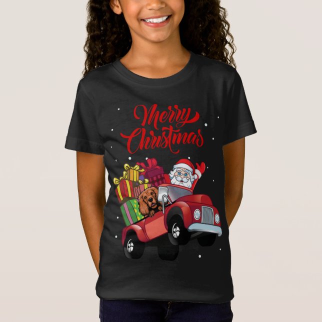 Cocker Spaniel With Santa Claus In Red Truck Dog T-Shirt (Front)